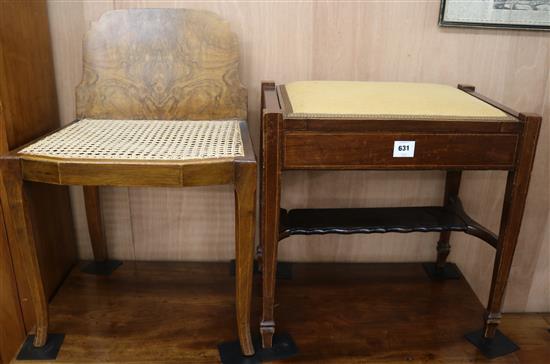 A walnut chair and an inlaid piano stool W.54cm